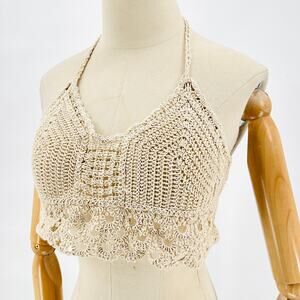 Sexy Cream Crochet Cotton Blend Beige Festival Boho Halter Bra Top
